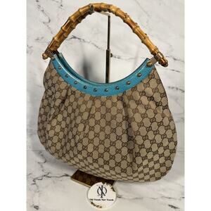 Gucci Brown GG Monogram w Turquoise Studded Leather Trim Bamboo Handle Hobo Bag